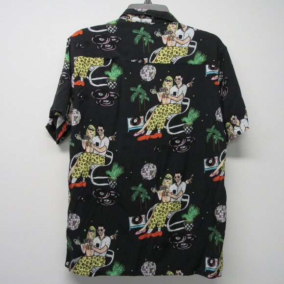 Duvin Disco Nights Party Palm Tree Record Player Print Camp Shirt Men's sz M - Picture 2 of 4